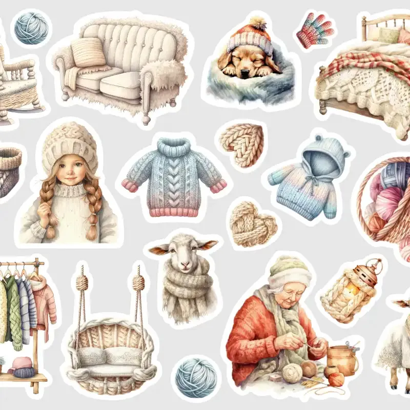Samolepky pletení - postel s přehozem, teplý svetr, ovečka.