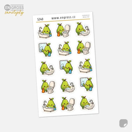 Samolepky do diáře Hruška: Úklid koupelny – Kawaii mini nálepky (15 ks).
