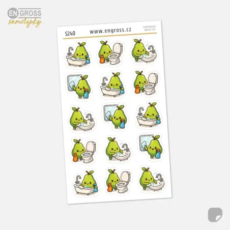 Samolepky do diáře Hruška: Úklid koupelny – Kawaii mini nálepky (15 ks).