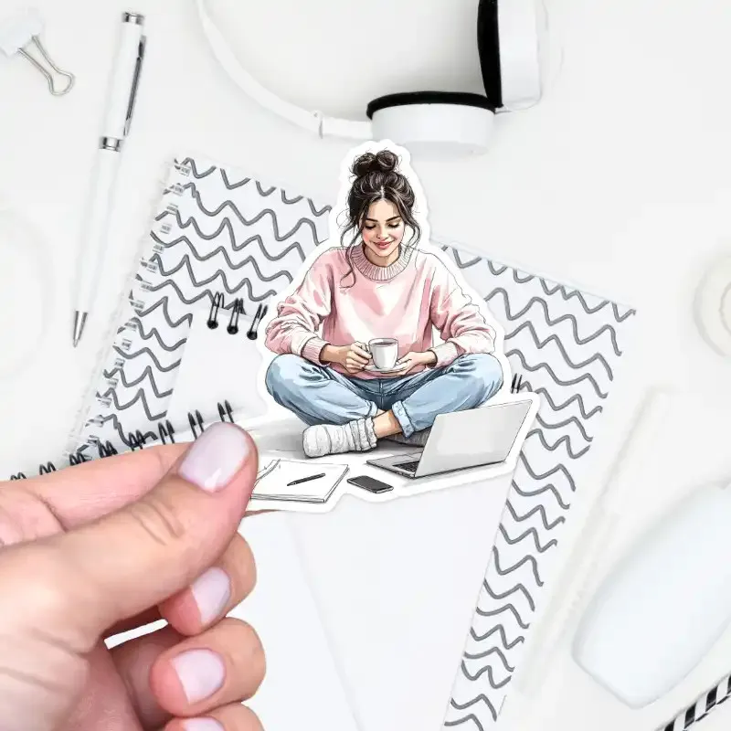 Samolepky do diáře Mia: Práce z domova – Mia u notebooku.