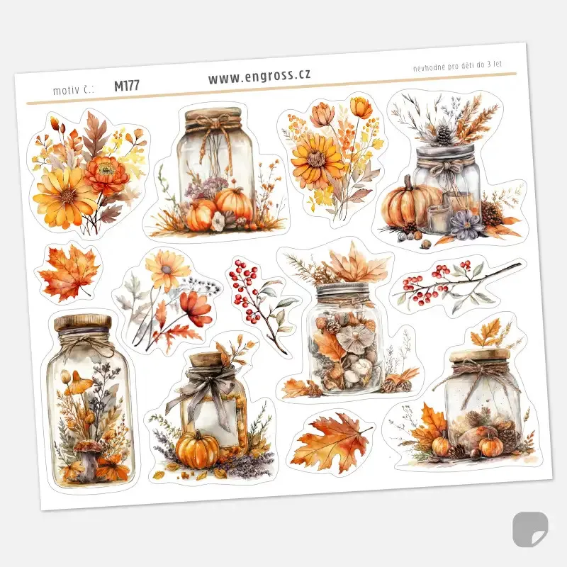 Samolepkový arch ilustrovaných podzimních květin, hub a dýní.