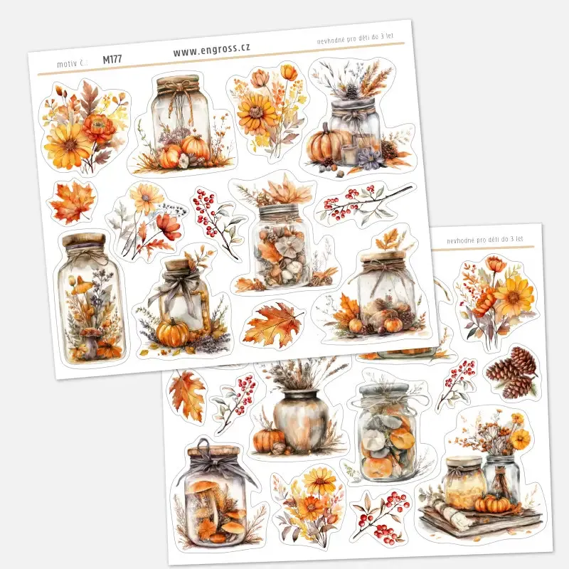 Kolekce samolepek Podzimní vzpomínky s láhvemi zdobenými sušenými květy.