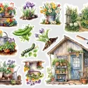 Samolepky do diáře: Zahradní kůlna – romantické watercolor nálepky nejen pro zahradníky.