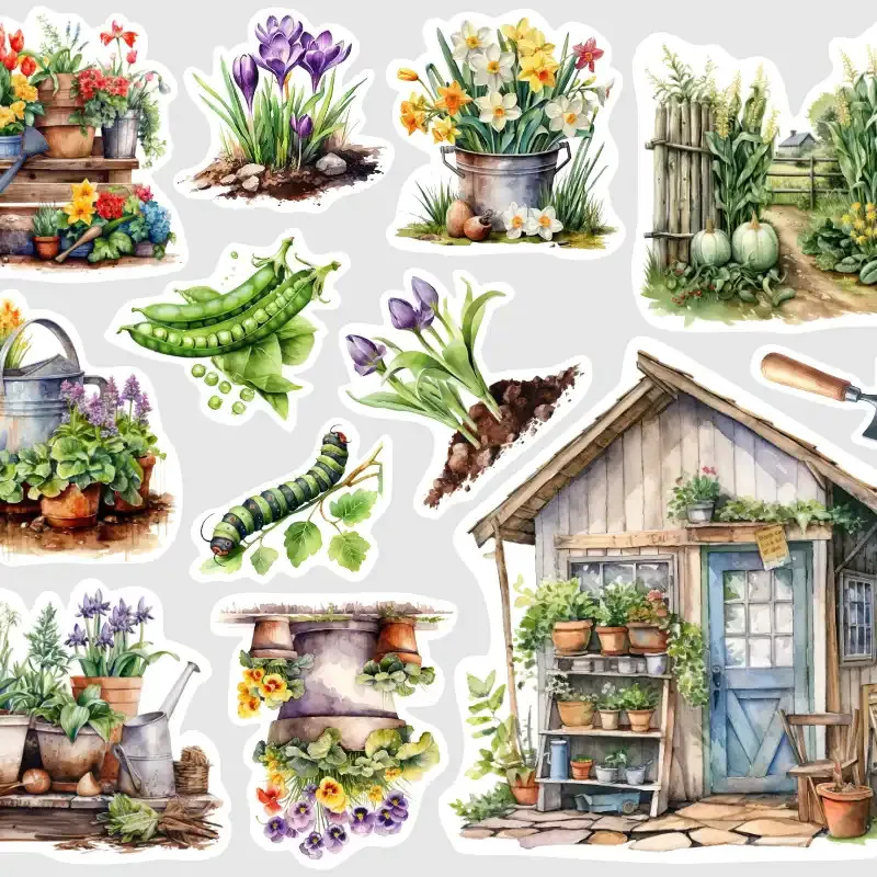 Samolepky do diáře: Zahradní kůlna – romantické watercolor nálepky nejen pro zahradníky.