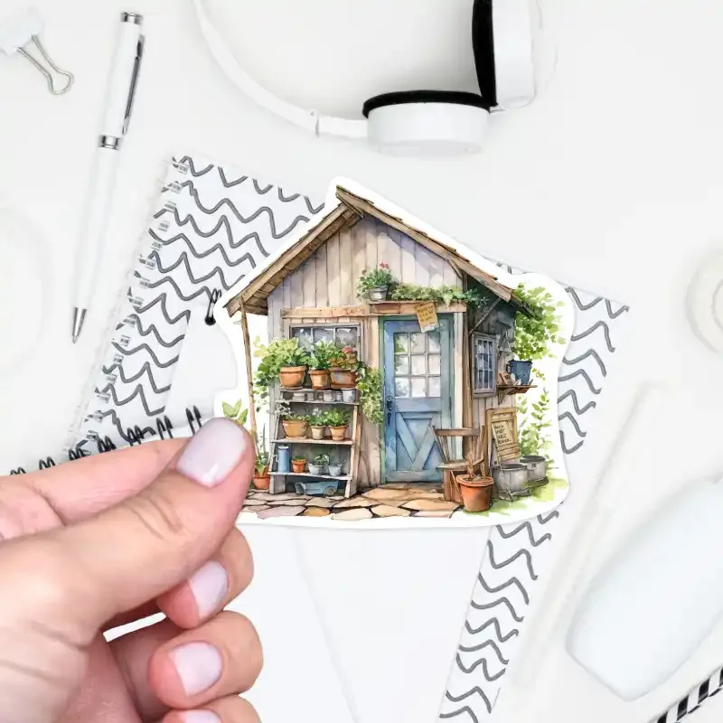 Samolepka do diáře: Zahradní kůlna – vintage watercolor styl.