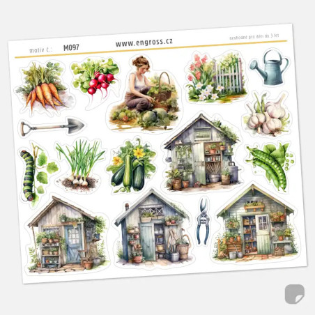 Samolepky do diáře: Zahradní domek a úroda – 16 ks watercolor nálepek.