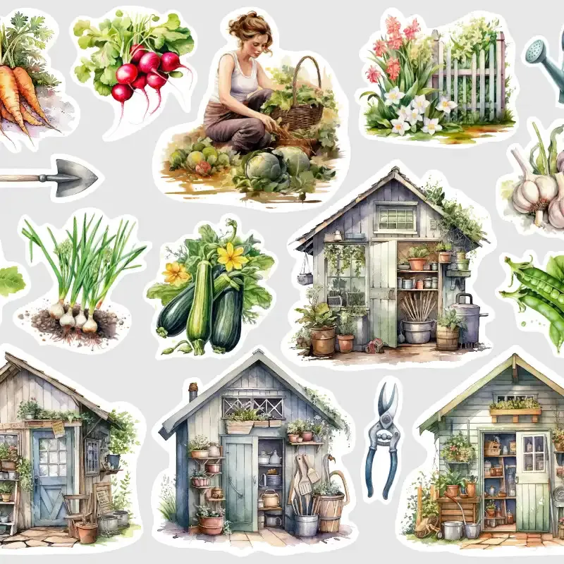 Samolepky do diáře: Zahradní domek a úroda – nálepky pro diář, deník, bullet i scrapbooking.