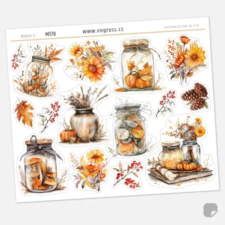 Samolepky podzimních vzpomínkových láhví, kytic květů a dýní.