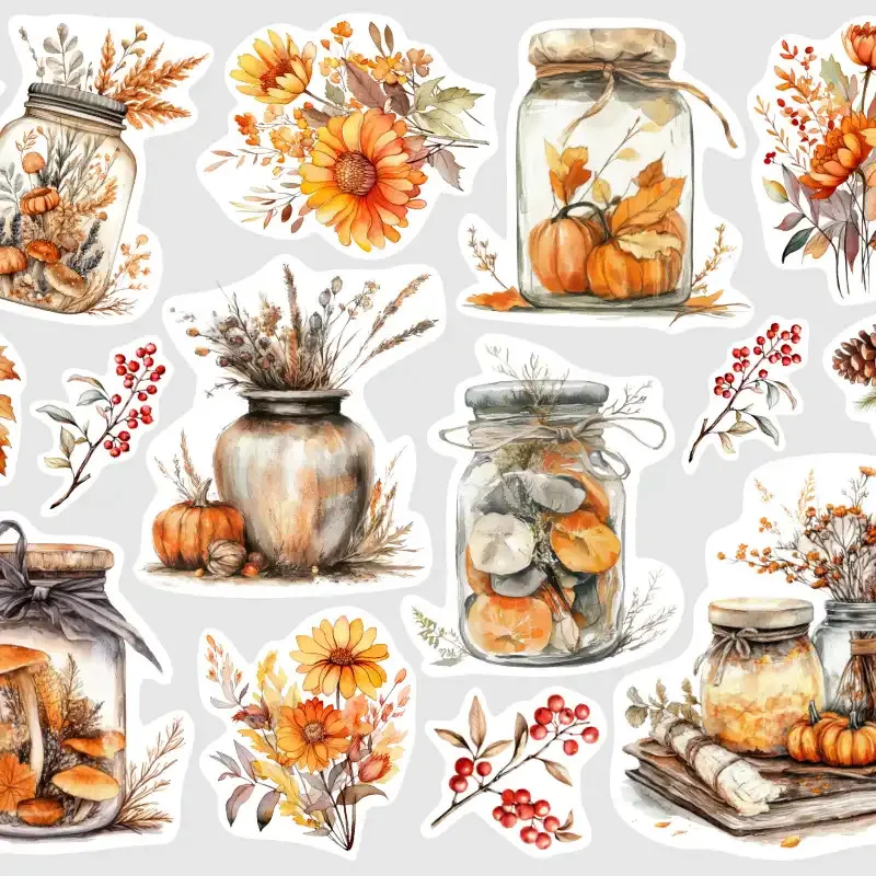 Nálepky s podzimními dekoracemi, sušenými květy, houbami a listy.