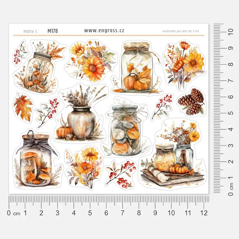 Arch samolepek s nostalgickými podzimními ilustracemi květin, dýní a listů.