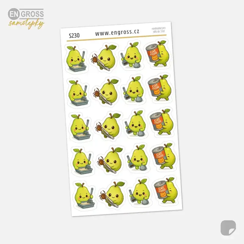 Samolepky do diáře: Péče o kočku – 20 ks mini kawaii nálepek s hruškou.