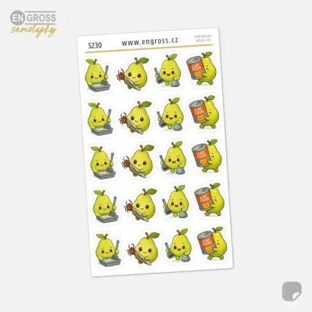 Samolepky do diáře: Péče o kočku – 20 ks mini kawaii nálepek s hruškou.
