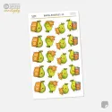 Samolepky do diáře: Hruška a kočka – 20 ks mini kawaii nálepek pro chovatele.