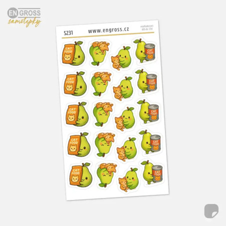 Samolepky do diáře: Hruška a kočka – 20 ks mini kawaii nálepek pro chovatele.
