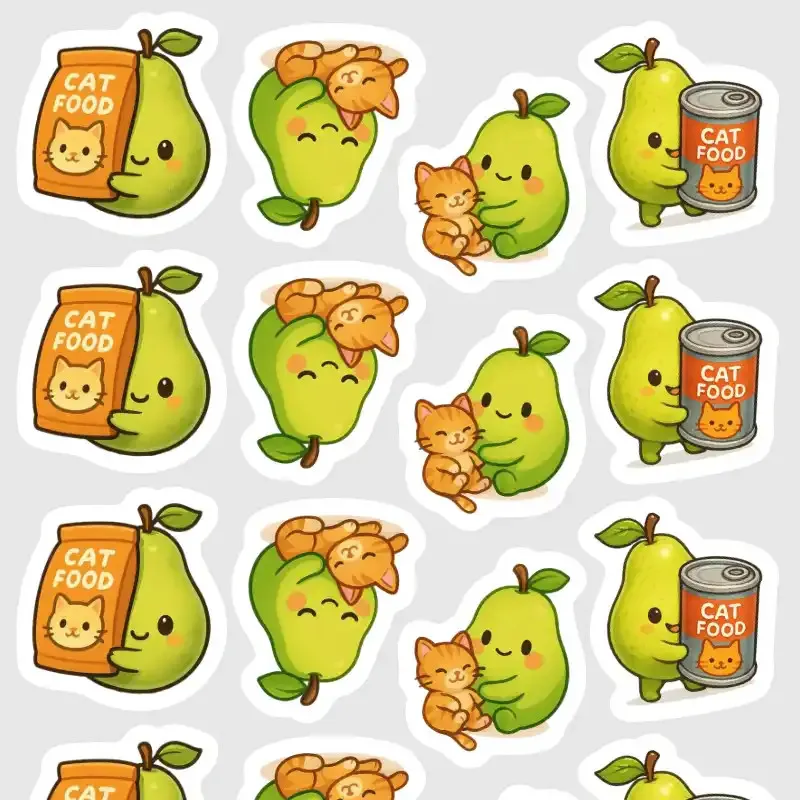 Samolepky Hruška a kočka – mini kawaii nálepky pro diář, bullet, deník i scrapbooking.