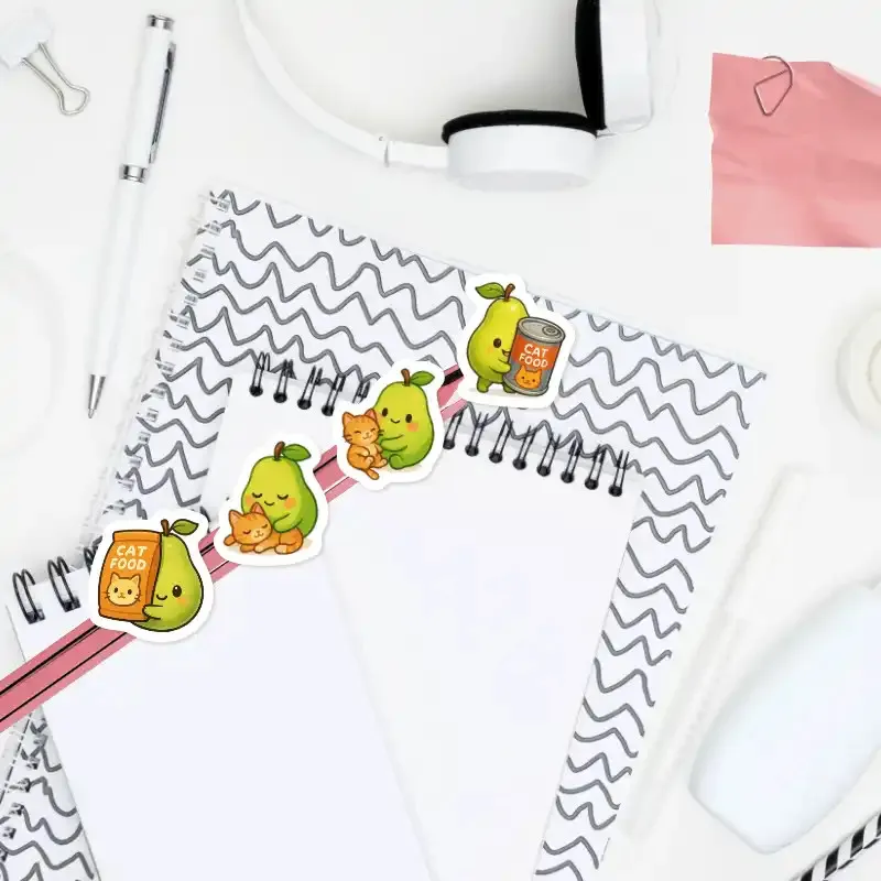 Samolepky do diáře: Hruška a kočka – 20 ks mini kawaii nálepek, 4 různé motivy.