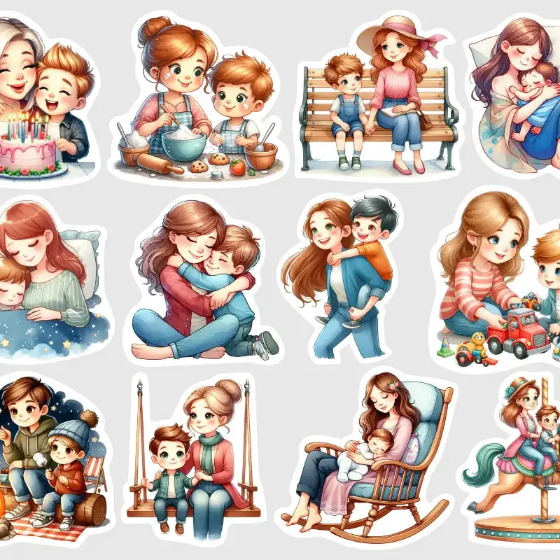 Nálepky máma a syn - uspávání, s hračkami, táborák, pouť.