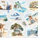 Samolepky do diáře: Na pláži – 12 ks letních watercolor nálepek v modrých a béžových tónech.