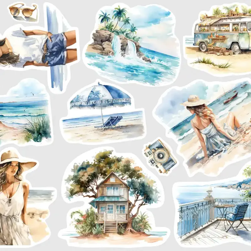 Samolepky do diáře: Na pláži – 12 ks letních watercolor nálepek v modrých a béžových tónech.