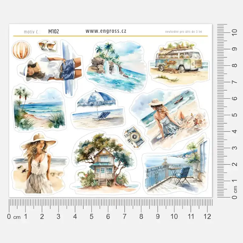 Samolepky do diáře: Na pláži – 12 ks letních watercolor nálepek vyrobených v ČR.