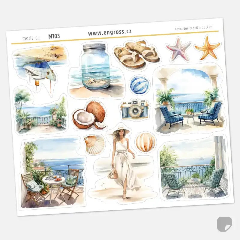 Samolepky do diáře: Vzpomínky na moře – 15 ks cestovatelských watercolor nálepek.