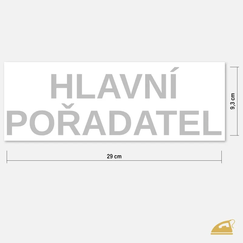 Reflexní nažehlovací nápis HLAVNÍ POŘADATEL na záda – snadné nažehlení žehličkou.