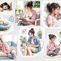 Samolepky do diáře Mia: Kočičí máma – 11 ks nálepek pro diář, deník, bullet i scrapbooking.