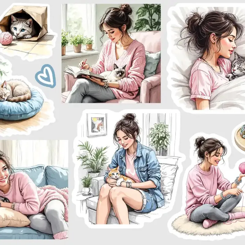 Samolepky do diáře Mia: Kočičí máma – 11 ks nálepek pro diář, deník, bullet i scrapbooking.