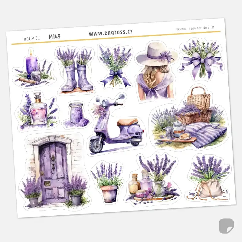 Samolepky do diáře Levandulové léto – 13 ks watercolor nálepek (Provence styl).