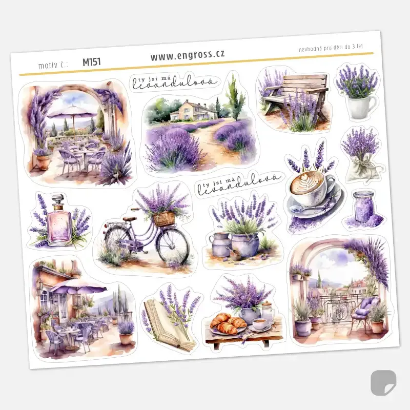 Samolepky do diáře Levandulové bydlení – 14 ks watercolor nálepek a 2 texty.