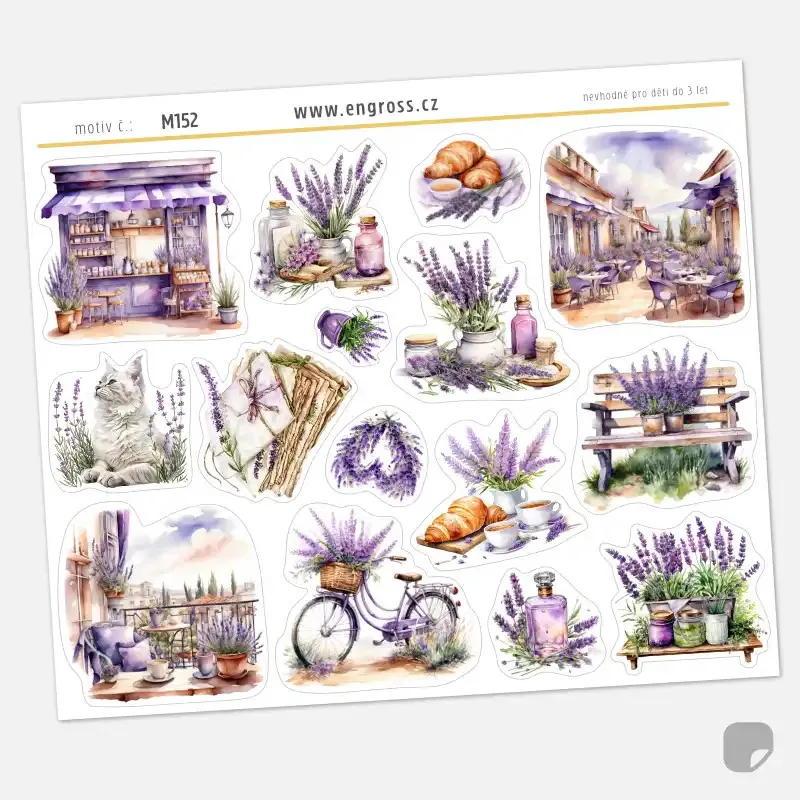 Samolepky do diáře Levandulová kytice – 15 ks watercolor nálepek (romantický styl).