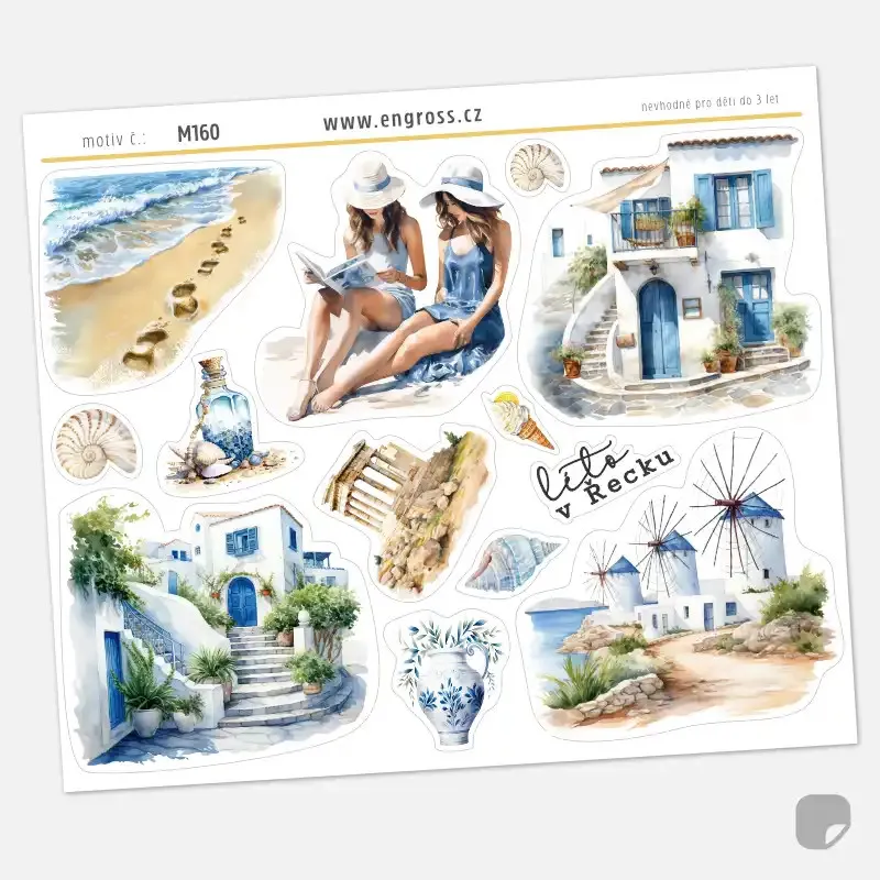 Samolepky do diáře Santorini – 12 ks watercolor nálepek a jeden text (Řecko).