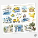 Samolepky do diáře Egejské moře – 14 ks letních watercolor nálepek a text (Řecko).