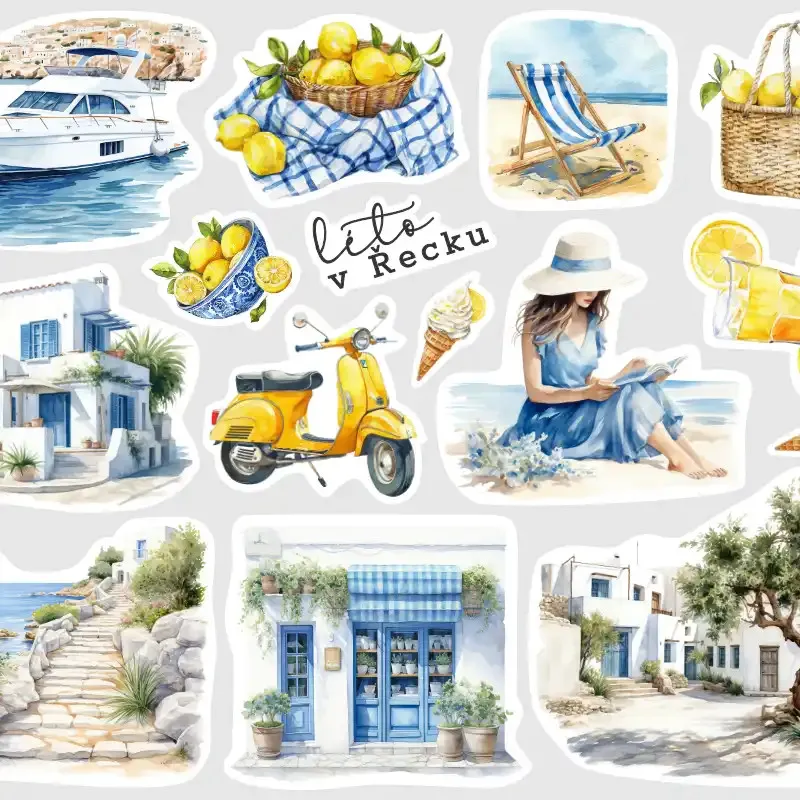 Samolepky do diáře Egejské moře – 14 ks letních watercolor nálepek pro diář, deník, bullet i scrapbooking.
