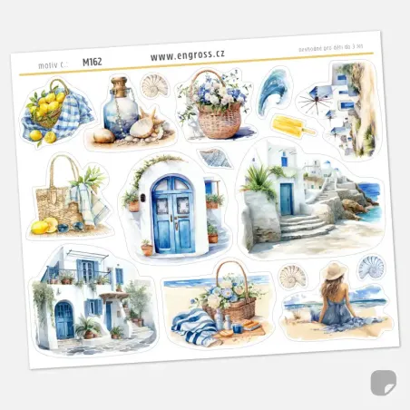 Samolepky do diáře Mykonos – 16 ks letních watercolor nálepek (Řecko).