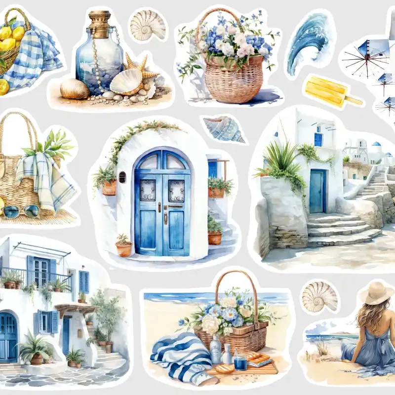 Samolepky do diáře Mykonos – 16 ks letních nálepek pro diář, deník, bullet i scrapbooking.