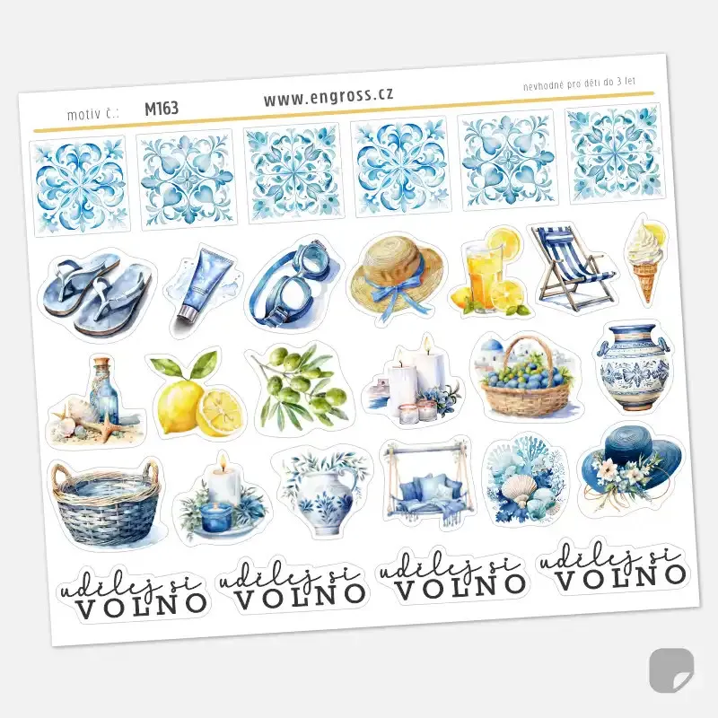Mini samolepky do diáře Řecké ornamenty – 25 ks watercolor nálepek a 4 nápisy.