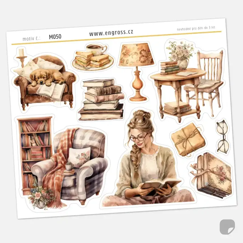 Samolepky do diáře Knihomolka – 10 ks watercolor nálepek různých velikostí (čtenářský deník).