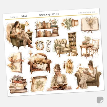 Samolepky do diáře Čas na knihu – 15 ks malých watercolor nálepek pro knihomoly.
