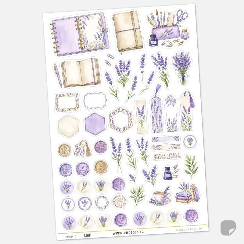 Samolepky pro bullet journal a scrapbooking – Levandulový journal kit (velký arch).