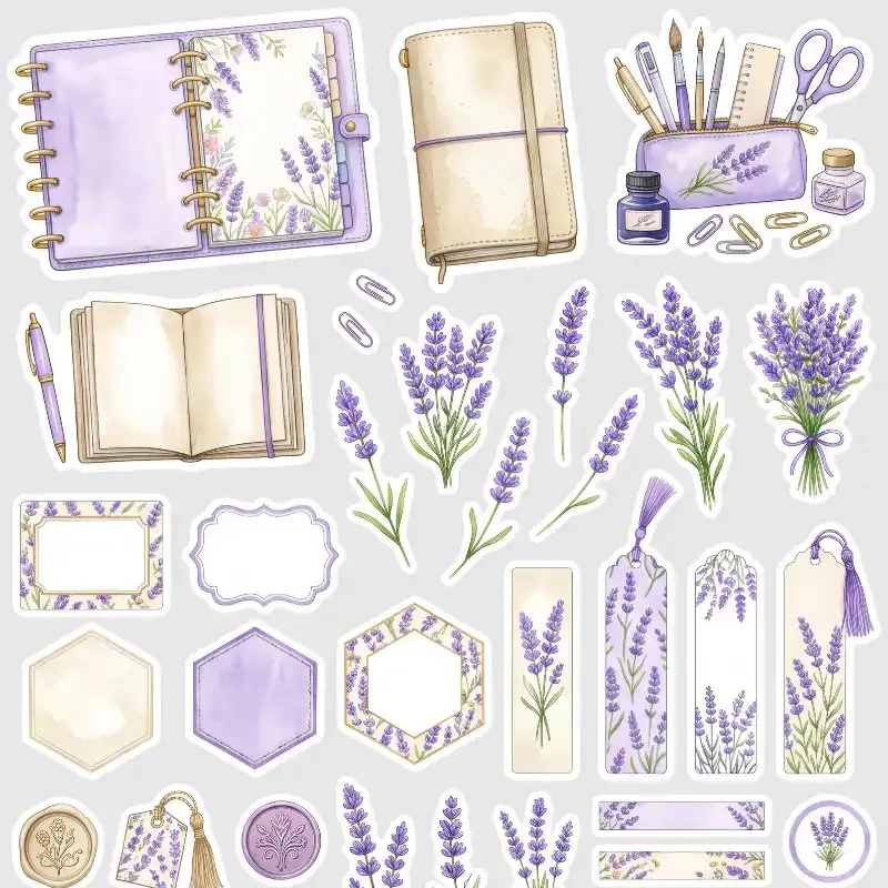 Samolepky Levandulový journal kit - velký arch s 58 samolepkami.