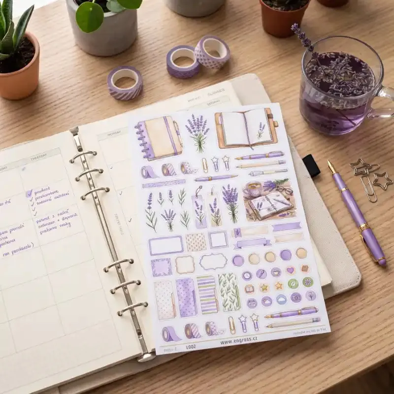 Samolepky do diáře Levandule – Velký kreativní journal kit se 66 nálepkami.