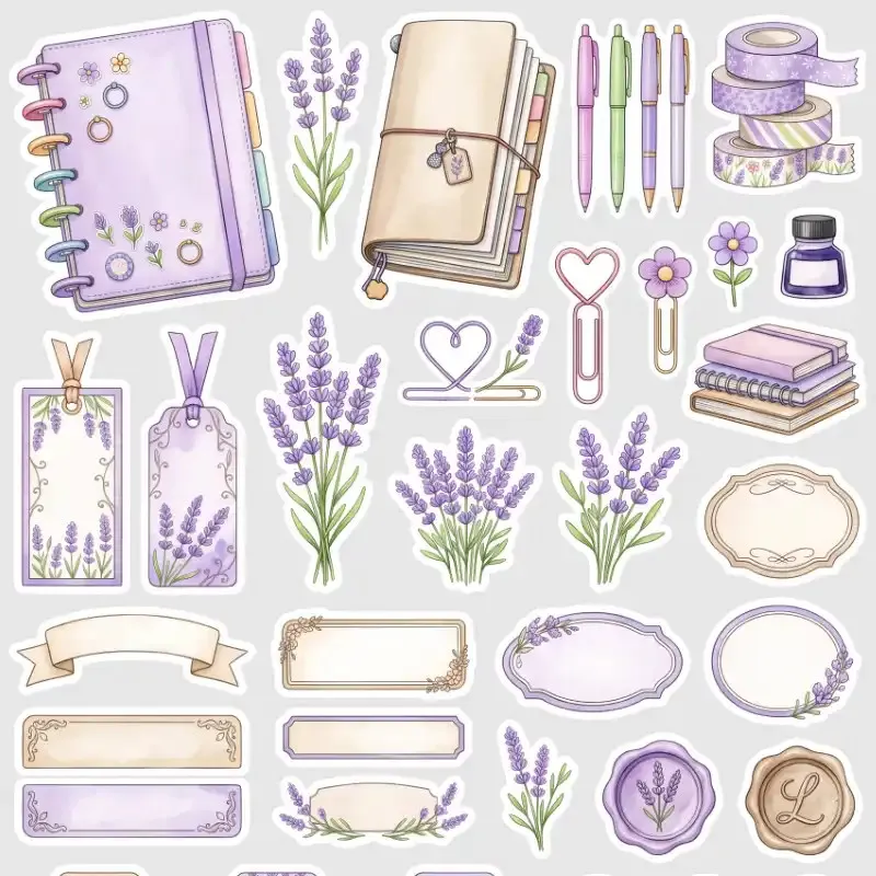 Kreativní samolepky levandule – 56 samolepek pro váš diář, deník, bujo nebo scrapbooking.