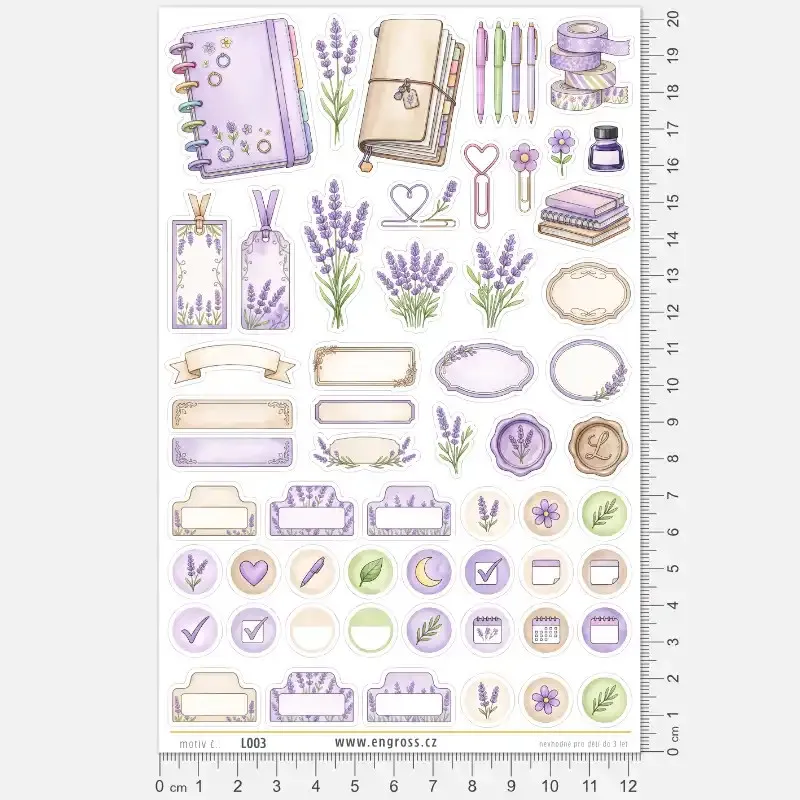 Kreativní samolepky levandule – Velký journaling kit s 56 nálepkami.