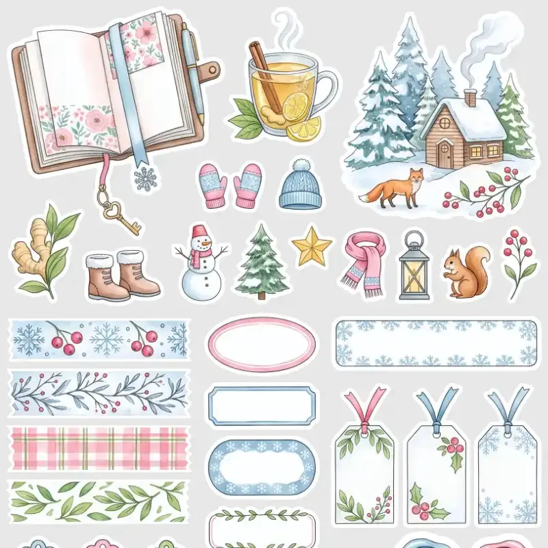 Zimní samolepky do diáře a Bullet Journalu, deníku i na scrapbooking.