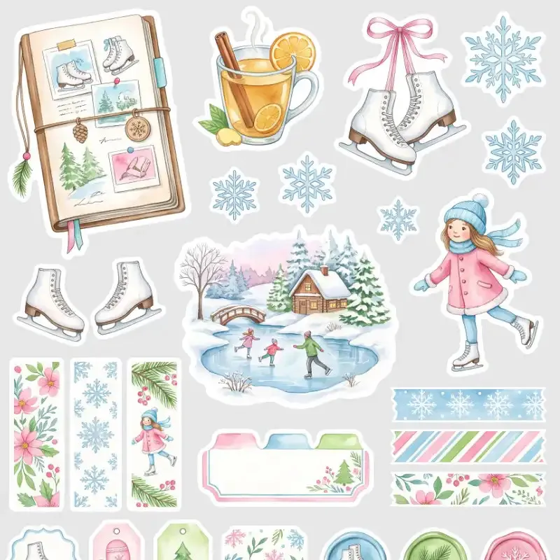 Zimní samolepky s motivy bruslení – do diáře, bullet journalu, deníku i na scrapbooking.
