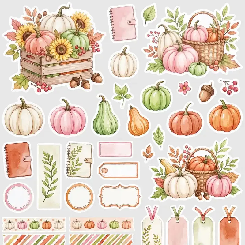 Podzimní samolepky Sklizeň dýní – pro diář, deník, bullet journal i scrapbooking.